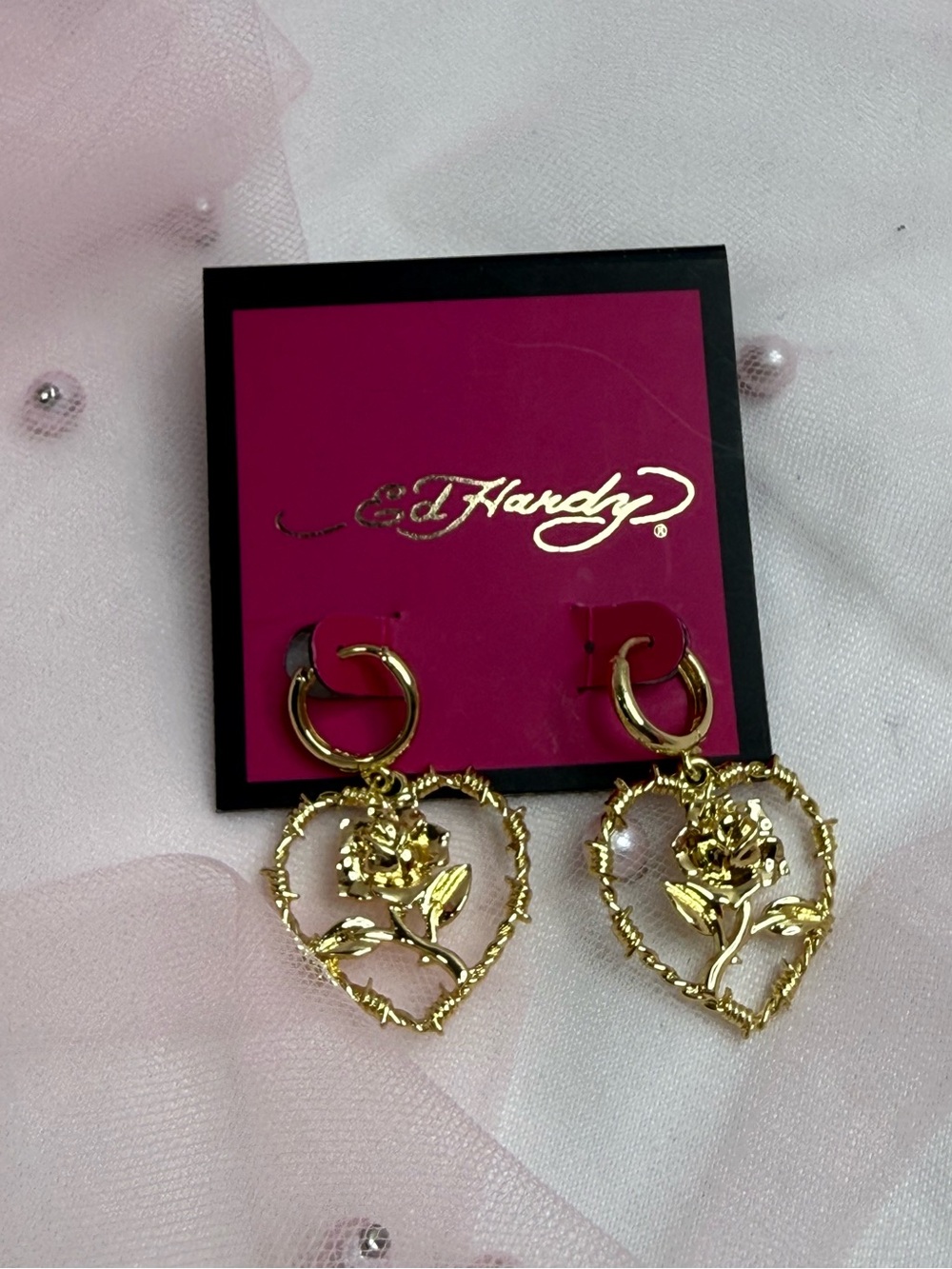 Ed Hardy Heart Rose Barbed Wire Dangle Hoop Earrings